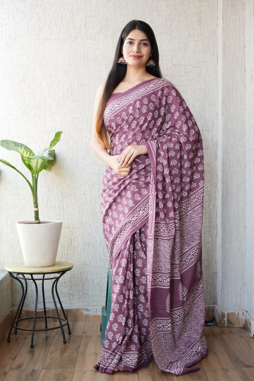 Wine Purple Hand Block Printed Cotton Saree with Blouse (MVCS79)