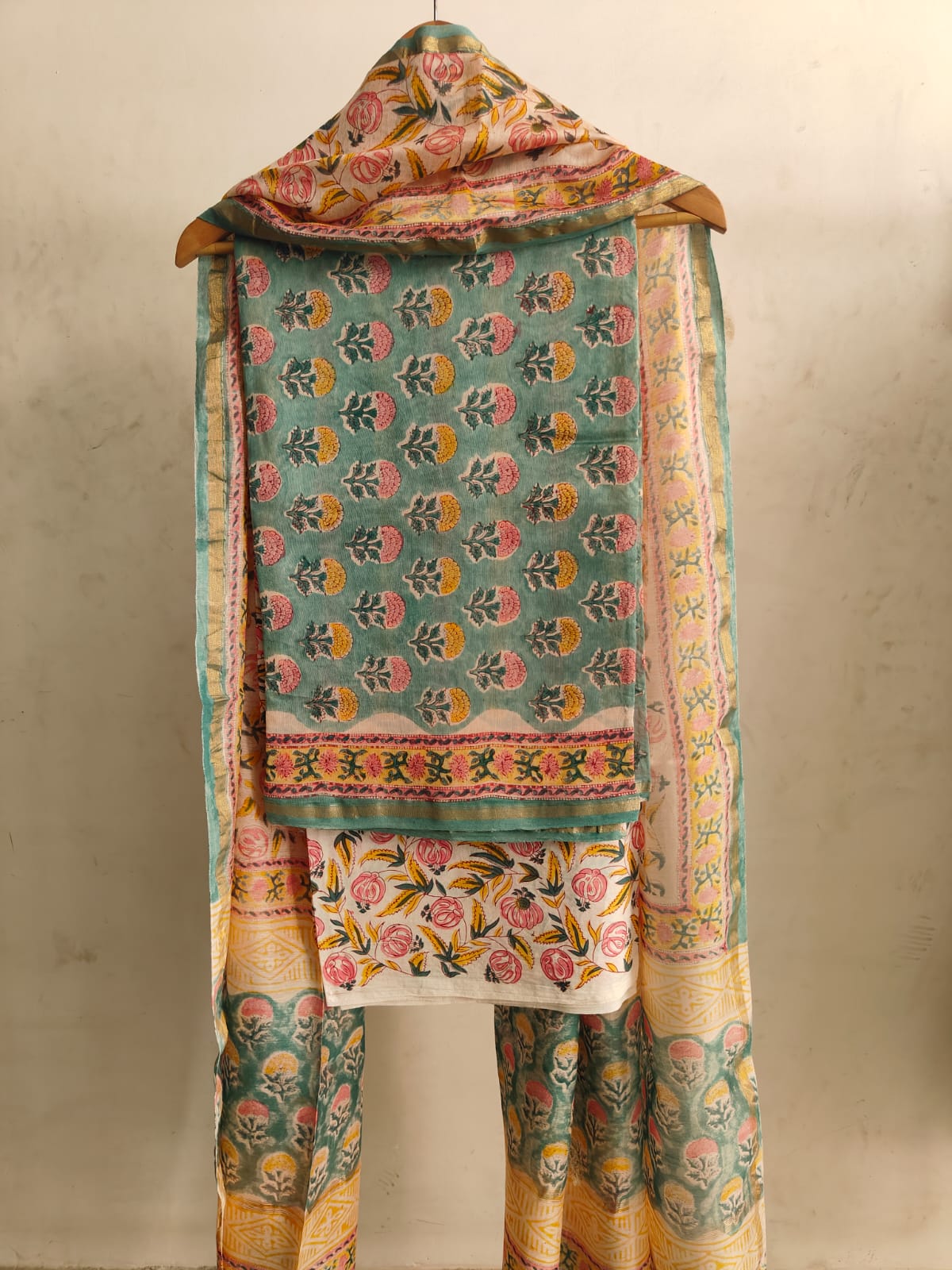 Teal Green & Pink Hand Block Print Chanderi Silk Dress Material |(MVCHS04)