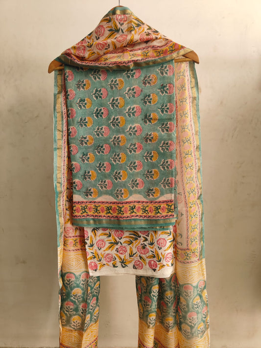 Teal Green & Pink Hand Block Print Chanderi Silk Dress Material |(MVCHS04)
