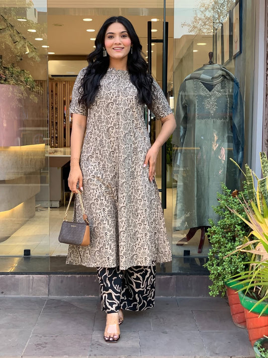 Beige & Black Warli Print Cotton A-Line Kurta Wide Palazzo Set