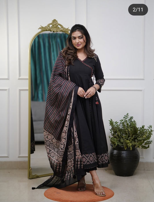 Black Cotton Angrakha Anarkali Suit