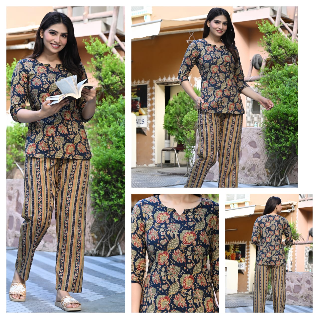 Navy Floral Cotton Night Suit for Women | Stylish Printed Nightwear (MVNS22)