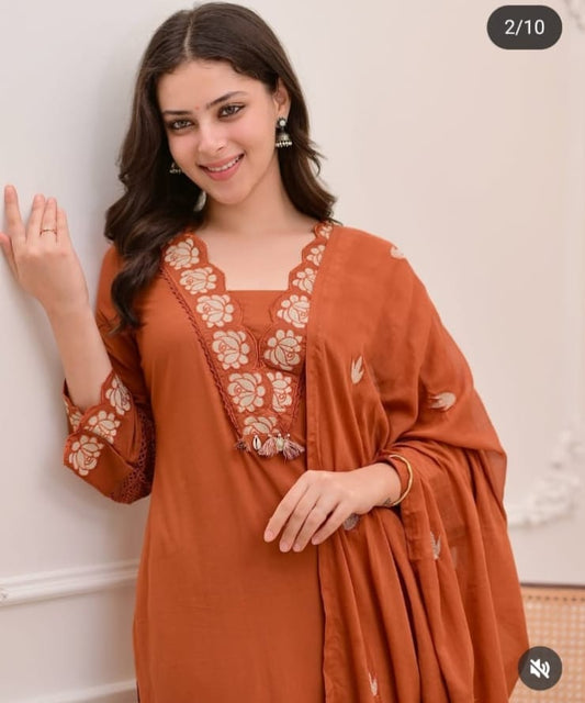 Rust Orange Embroidered Kurta Set for Women |