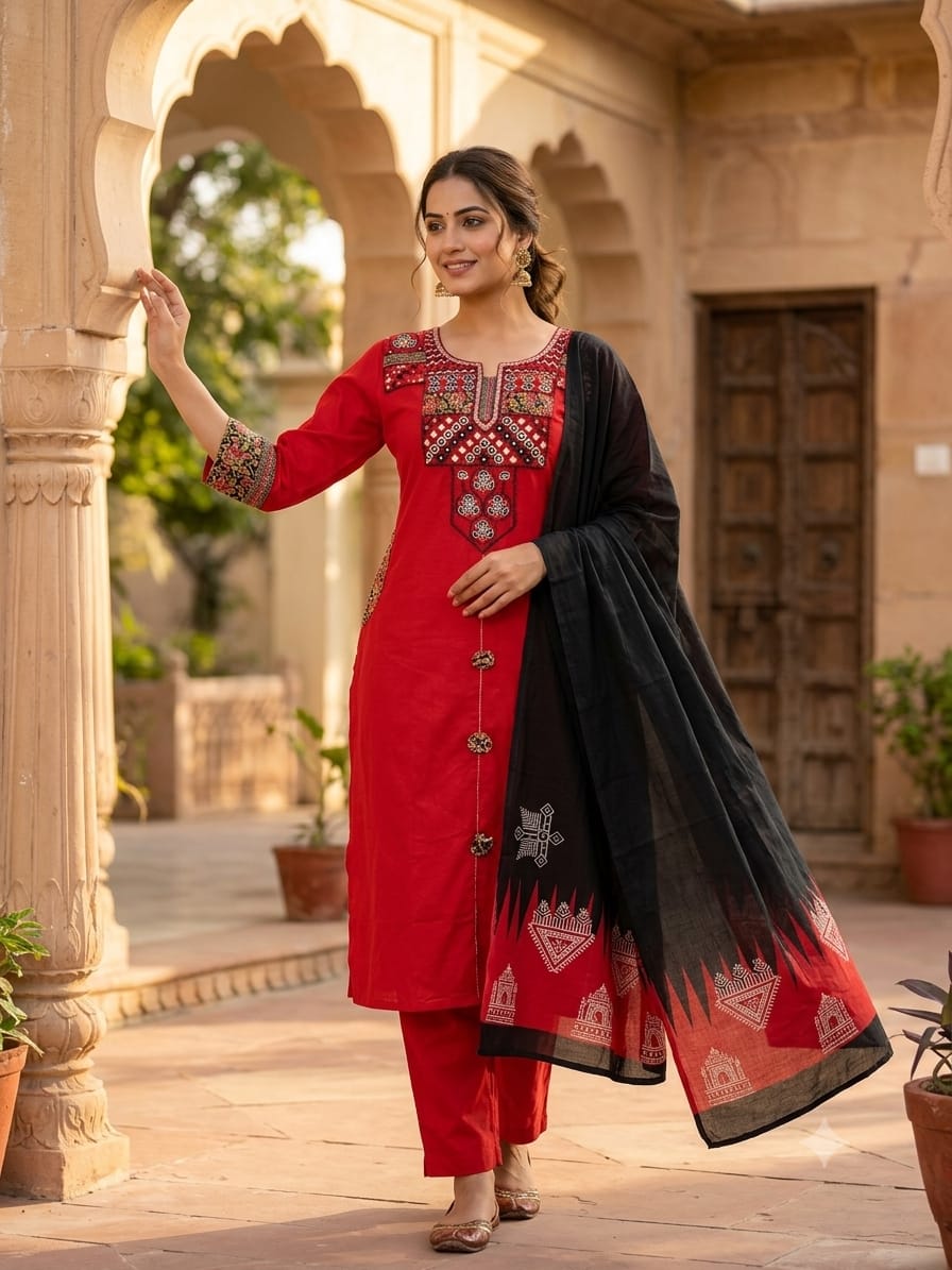 Red Heavy Cotton Embroidered Kurti Set | Kurti Pant with Black Dupatta