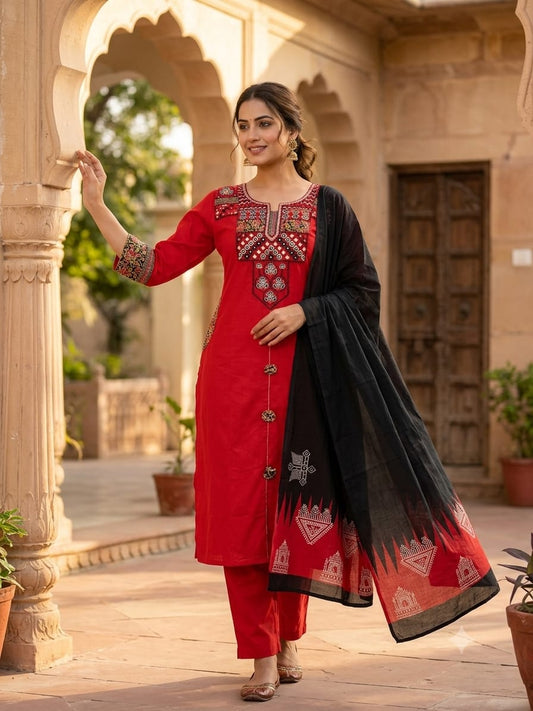 Red Heavy Cotton Embroidered Kurti Set | Kurti Pant with Black Dupatta