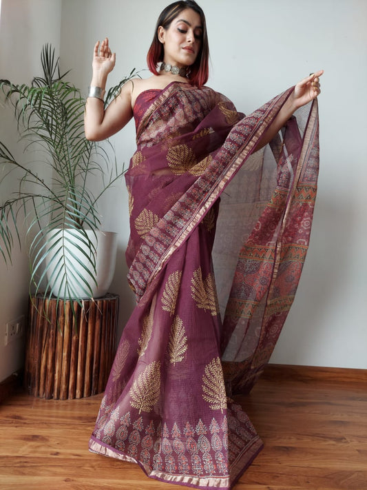 Wine Plum Kota Doriya Saree | Leaf Boota Hand Block Print (MVKS64)