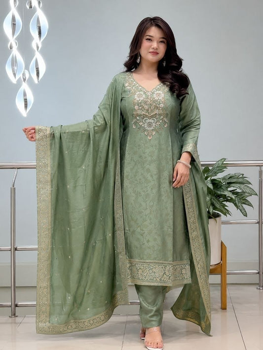Sage Green Malai Glass Tissue Suit Set for Women