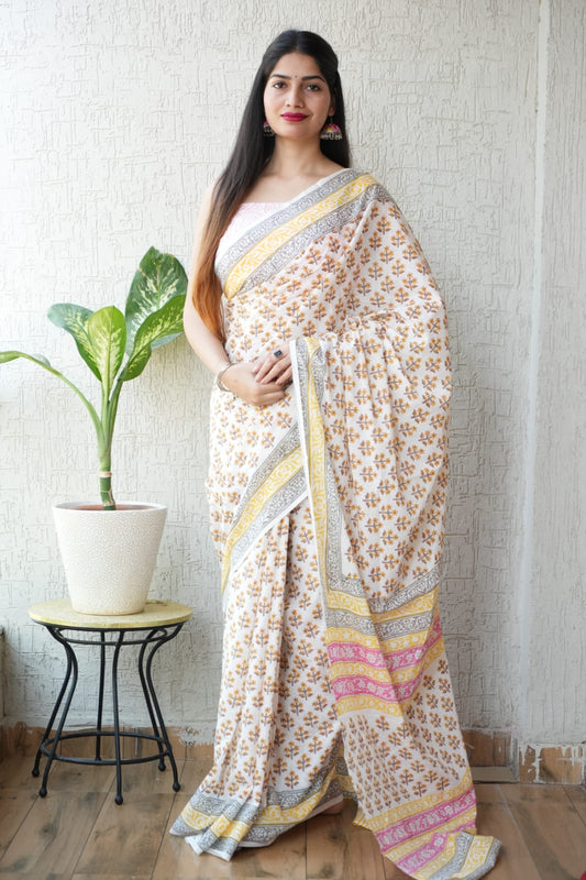 Cream Yellow Hand Block Printed Cotton Saree with Blouse (MVCS68)