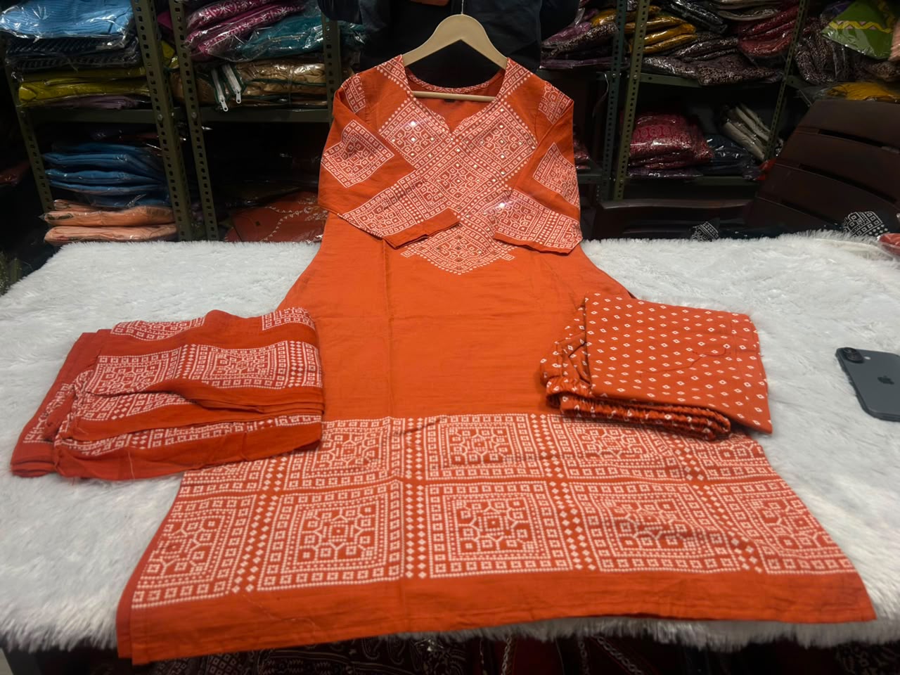 Rust Orange Bandhani Print Cotton Kurti Palazzo Dupatta Set