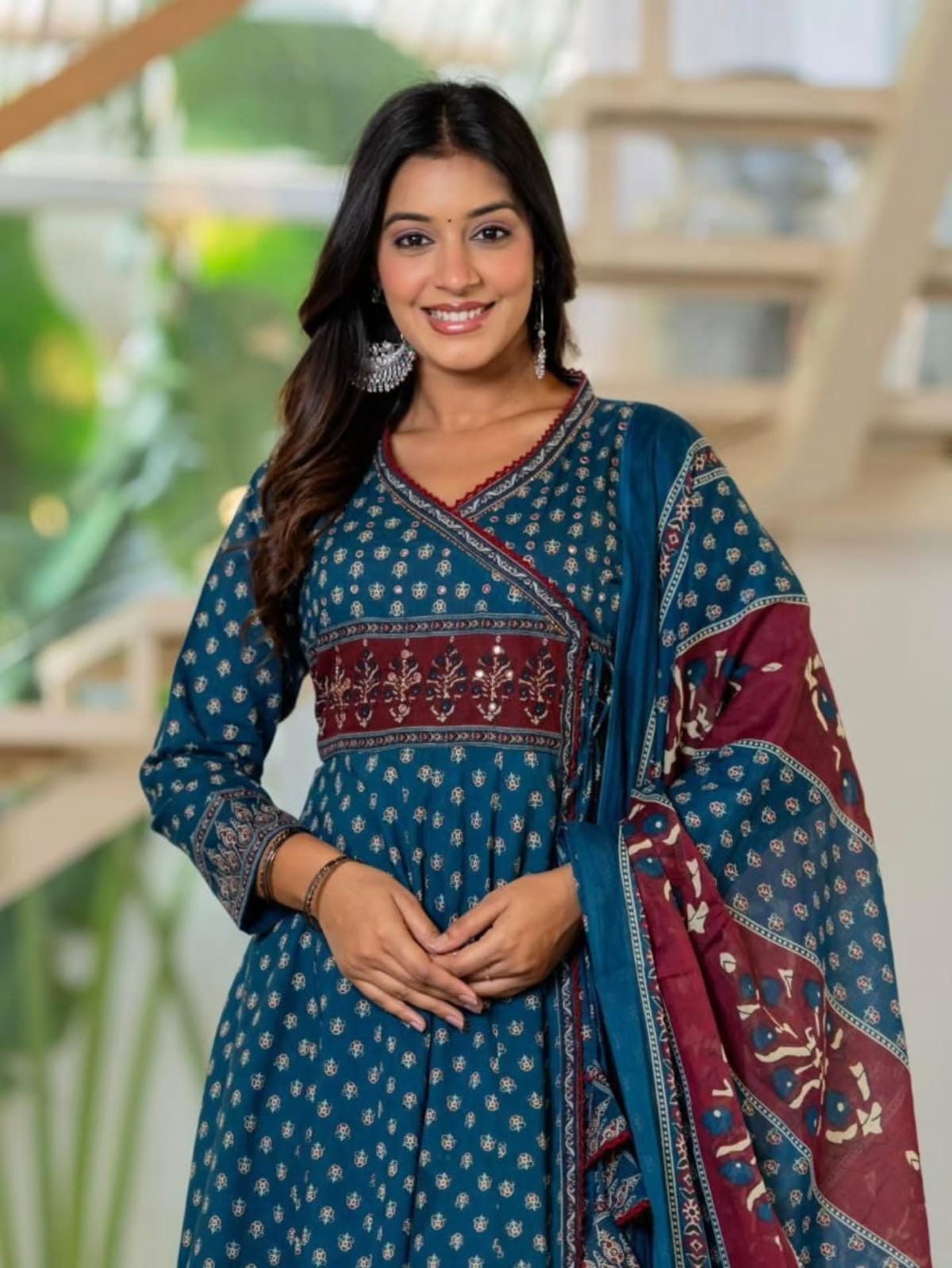 Teal Blue Angrakha Style Cotton Kurta Set with Dupatta