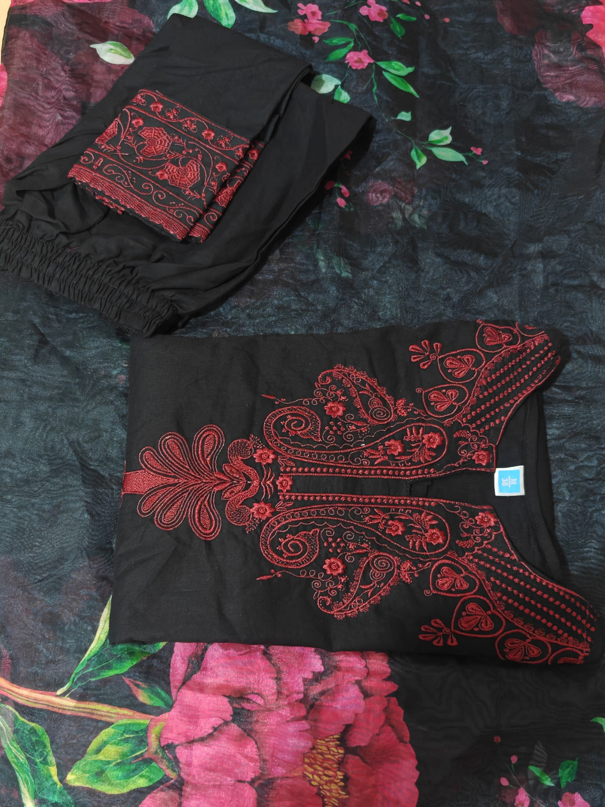 Black Embroidered Cotton Suit with Organza Dupatta |