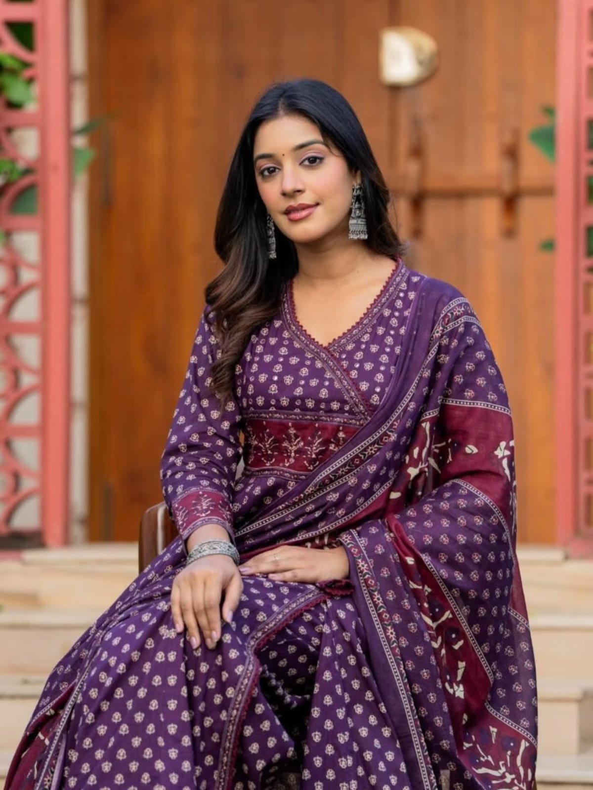Wine Purple Angrakha Style Cotton Kurta Set with Dupatta