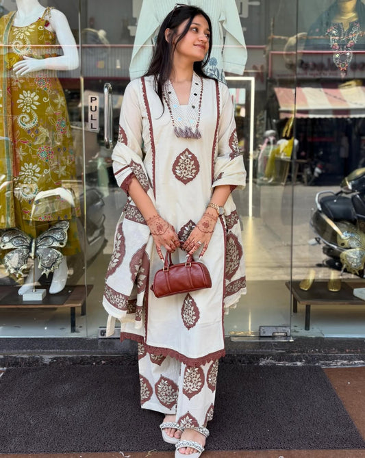 Jaipuri Print Premium Cotton Kurta Set – Rustic Brown