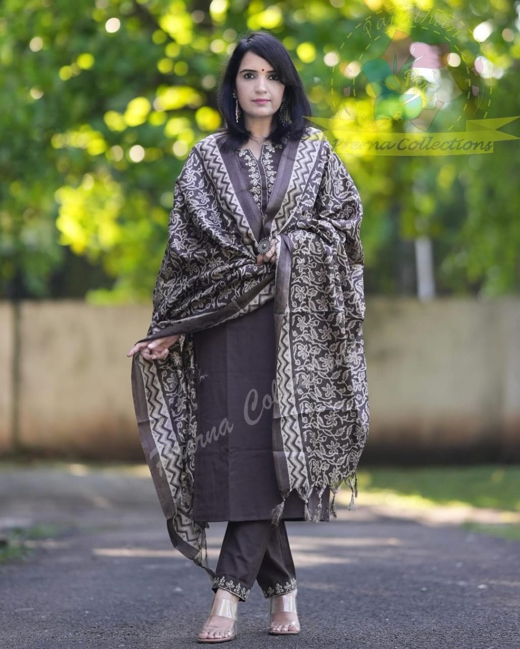 Brown Handloom Cotton Kurti Pant Dupatta Set with Aari Embroidery