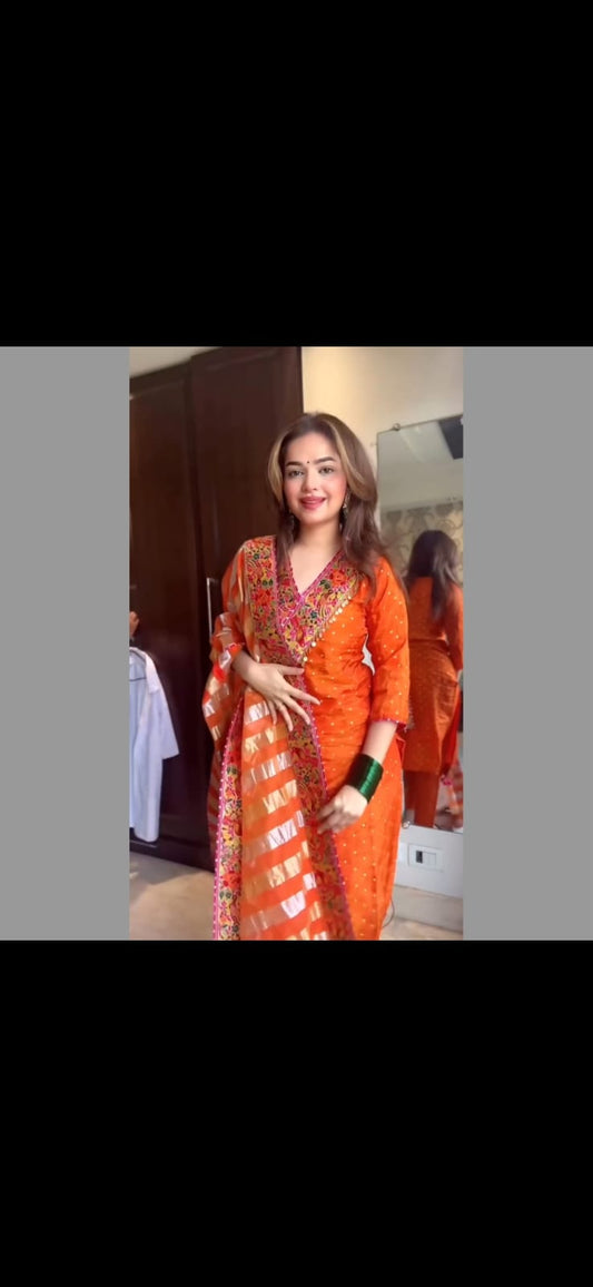 Orange Chanderi Jacquard Embroidered Kurta Set with Dupatta