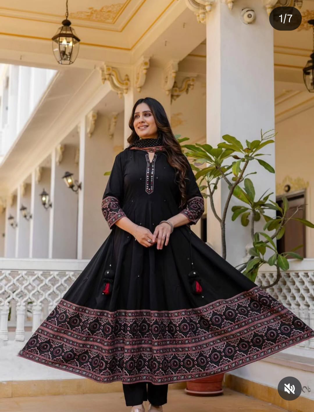 Black Premium Cotton Anarkali Dress | Mirror & Katha Thread Work | Hand Block Print Border
