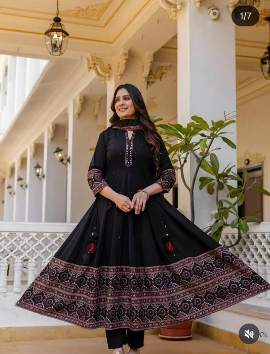 Black Premium Cotton Anarkali Dress | Mirror & Katha Thread Work | Hand Block Print Border