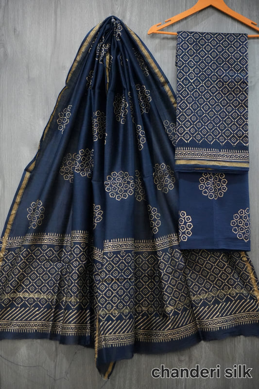 Navy Blue & Gold Hand Block Print Chanderi Silk Dress Material (MVCHS11)