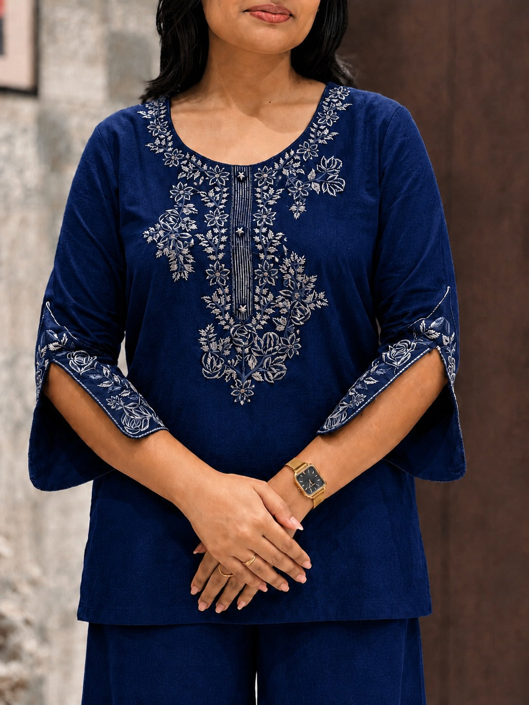 Navy Blue Cotton Embroidered Co-ord Set with Plazo