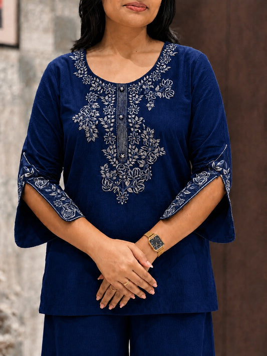Navy Blue Cotton Embroidered Co-ord Set with Plazo
