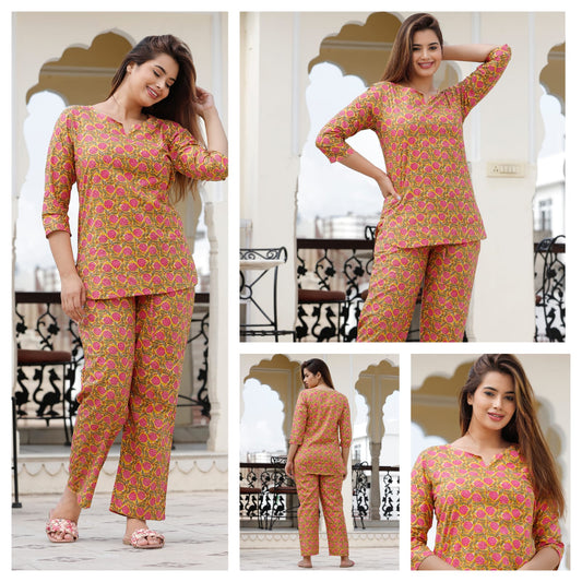Mustard Pink Printed Cotton Night Suit for Women  (MVNS17)
