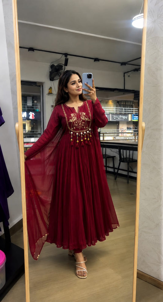 Maroon Embroidered Anarkali 3-Pc Suit | Pure Cotton with Latkan