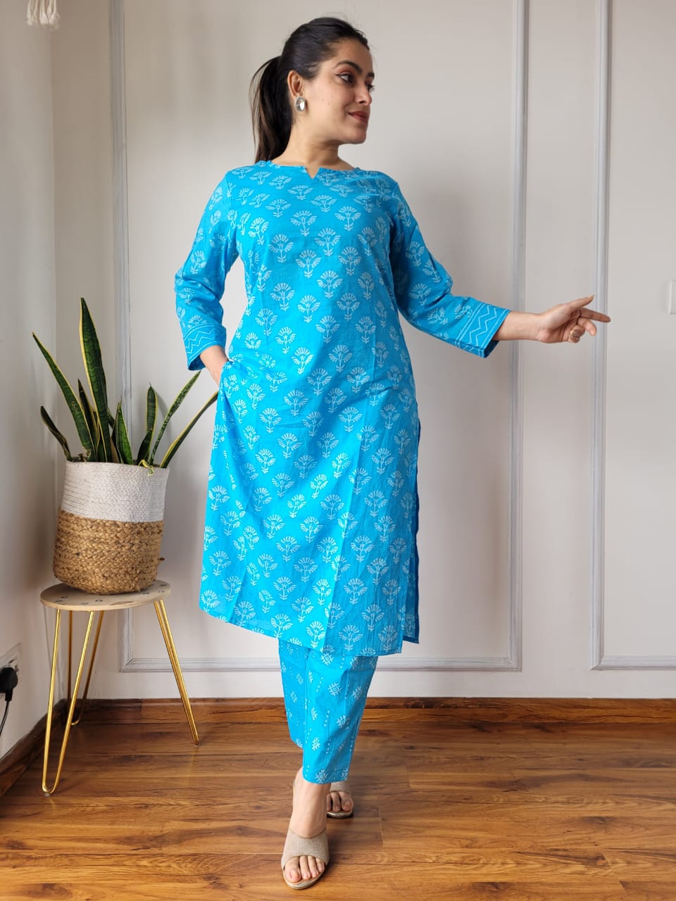Blue Printed Cotton Kurta Pant Set for Women | Stylish Daily Wear Ethnic Set