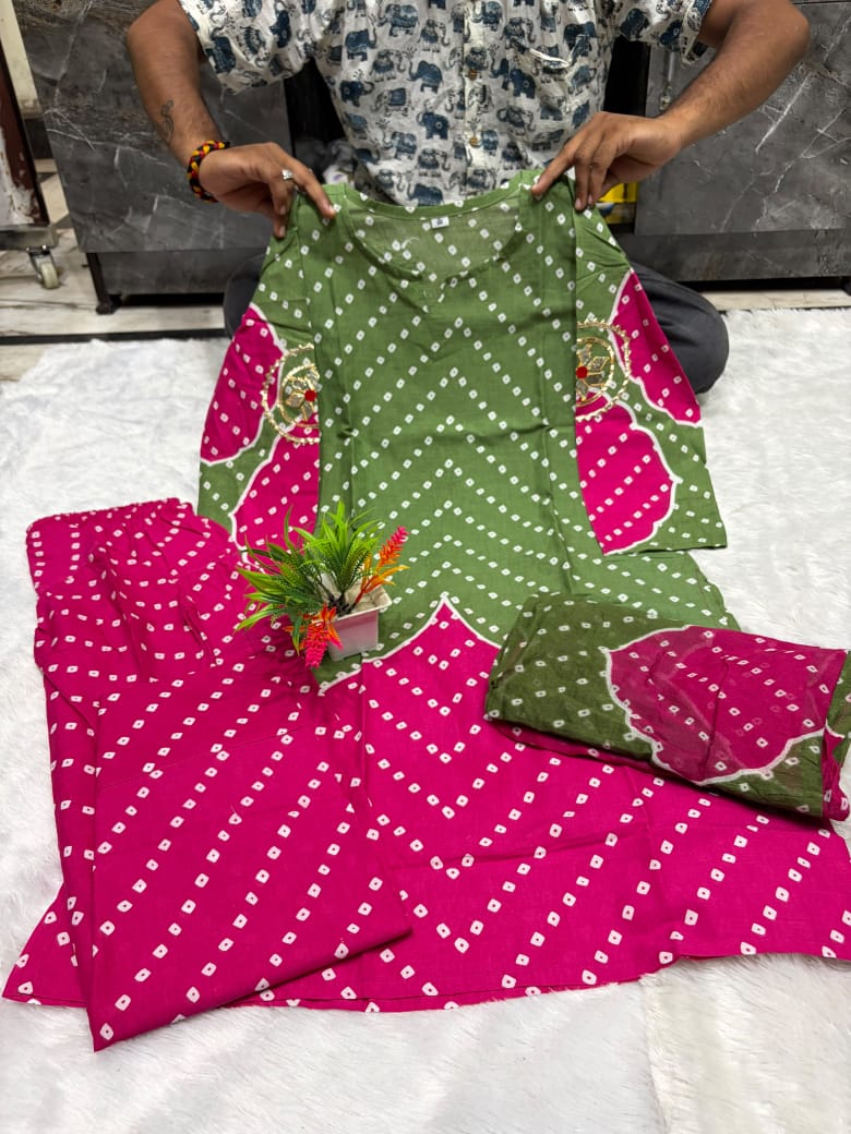 Pink & green Bandhani Print Co-ord Set | Vibrant Chevron Leheriya Kurta Palazzo Set