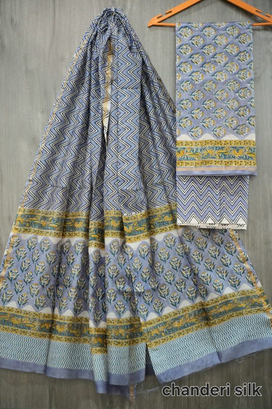 Lavender Blue & Yellow Hand Block Print Chanderi Silk Suit Material |(MVCHS03)