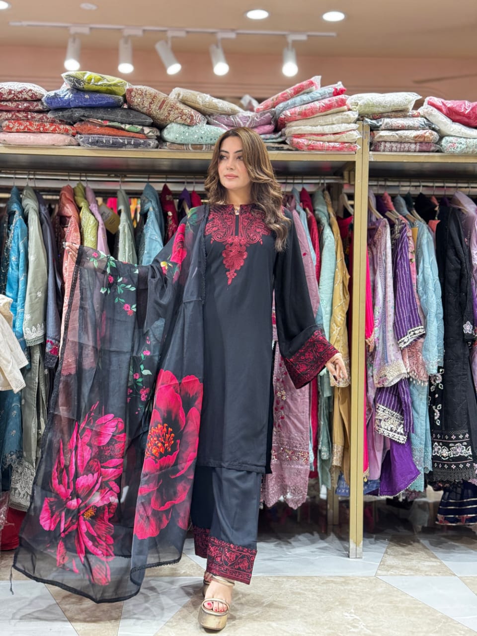 Black Embroidered Cotton Suit with Organza Dupatta |