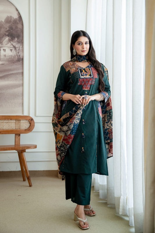 Bottle Green Pure Cotton Suit Set with Kalamkari Dupatta