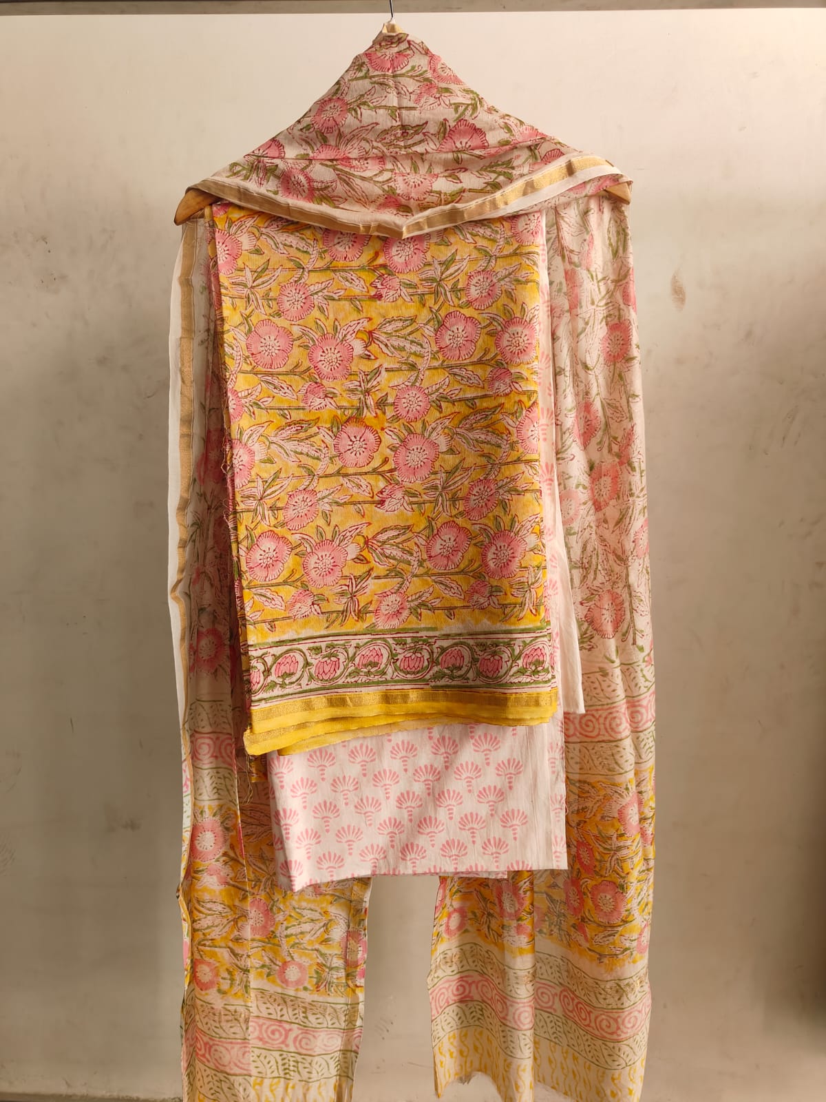 Yellow & Pink Large Floral Hand Block Print Chanderi Silk Dress Material (MVCHS16)