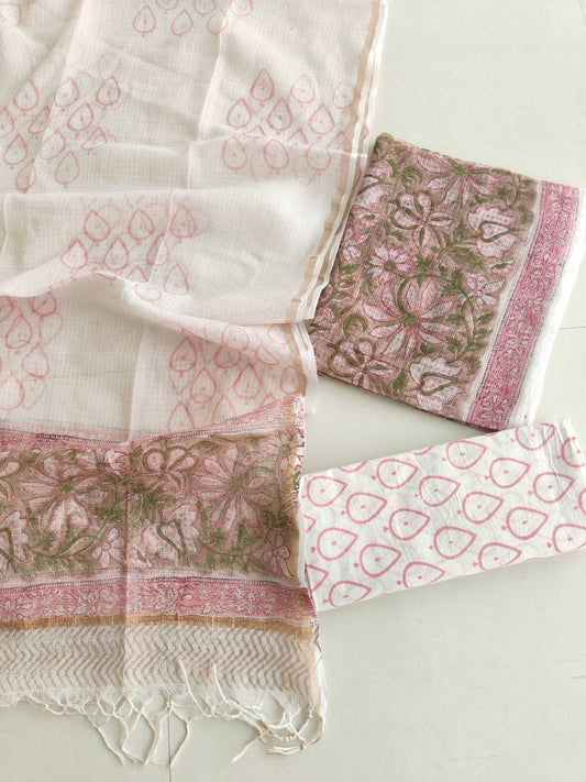 Pink Floral Hand Block Print Kota Doriya Suit  (MVFKO58)