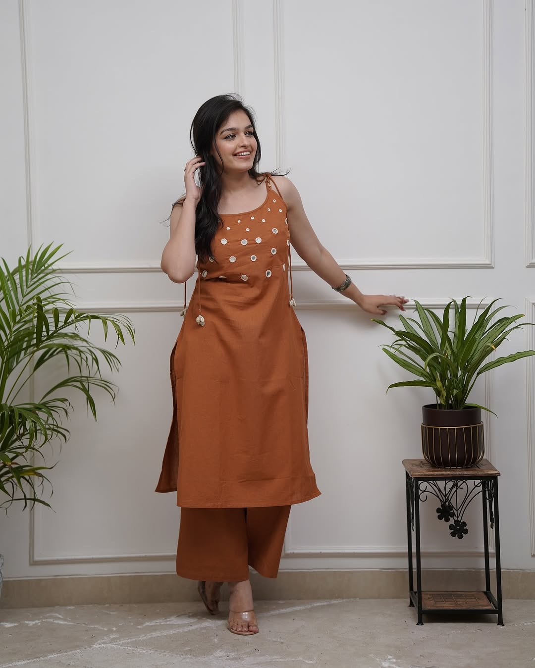 Rust Brown Cotton Slub Cord Set for Women | Mirror Work Sleeveless Kurta Plazo Set