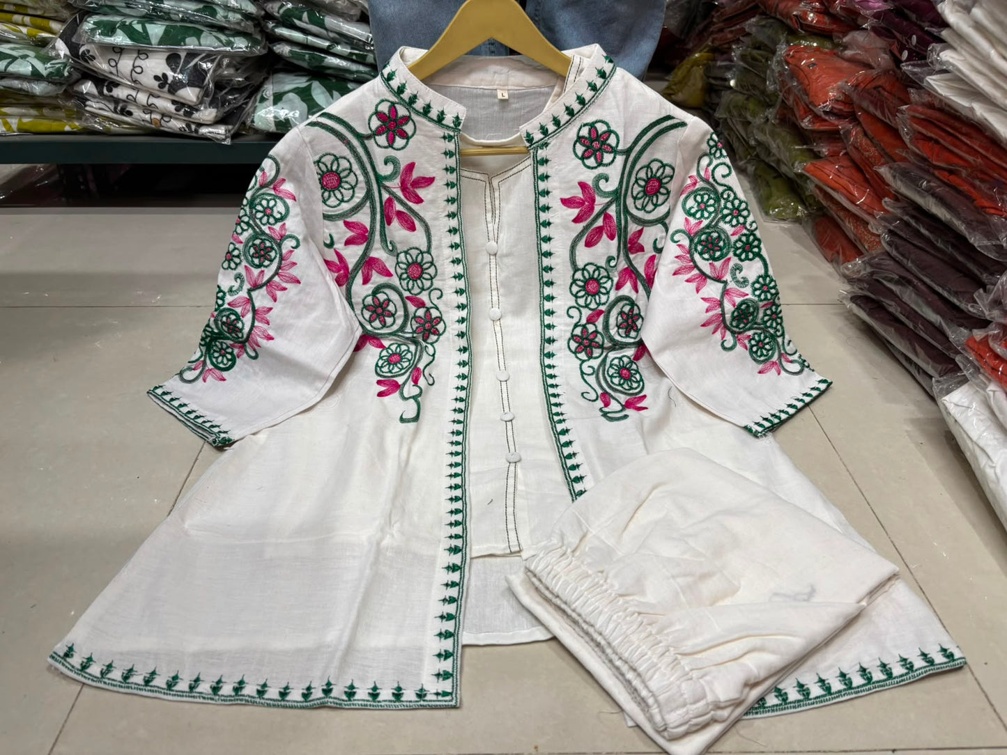 White Cotton Flex 3-Piece Embroidered Jacket Set