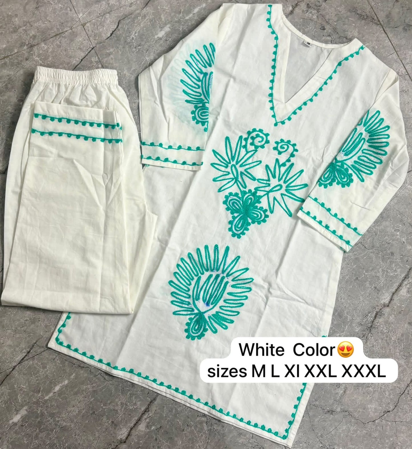 White Pure Cotton Aari Work Co-ord Set | Green Embroidered Kurti with Pant