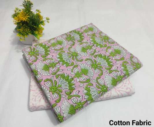 Pink Green Floral Printed Cotton Fabric – Designer Soft Cotton Material (MVTB36)