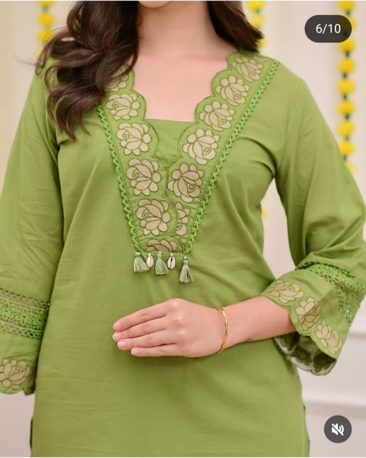 Olive Green Embroidered Kurta Set for Women | Floral Embroidery Kurta Pant Dupatta Set