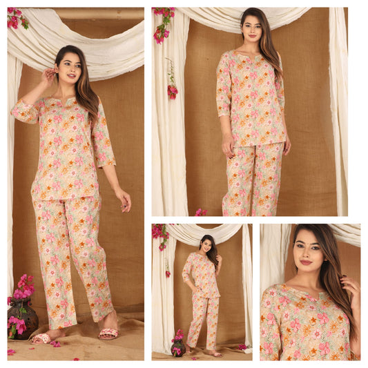 Peach Floral Cotton Night Suit for Women (MVNS04)