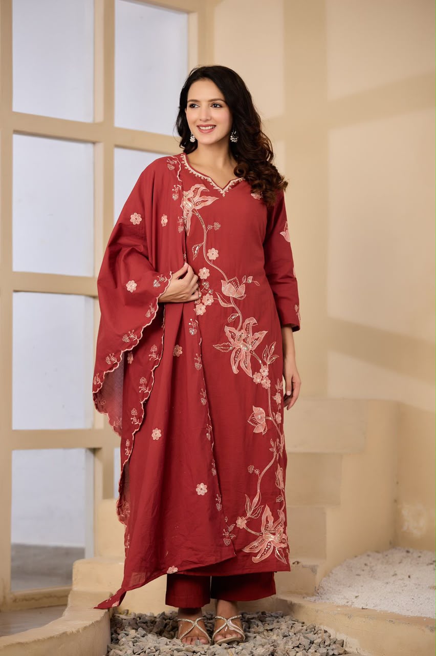 Maroon Embroidered Cotton Kurta Set with Keyhole Neck & Dupatta | Ethnic Wear