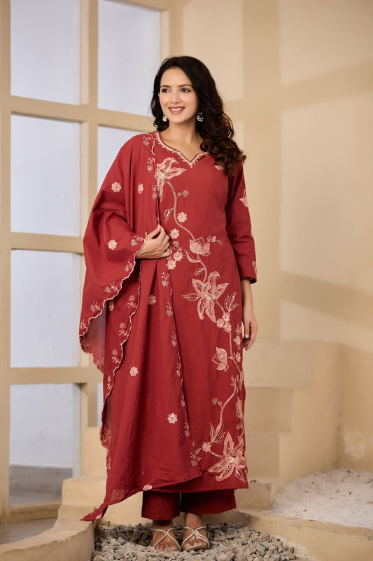 Maroon Embroidered Cotton Kurta Set with Keyhole Neck & Dupatta | Ethnic Wear