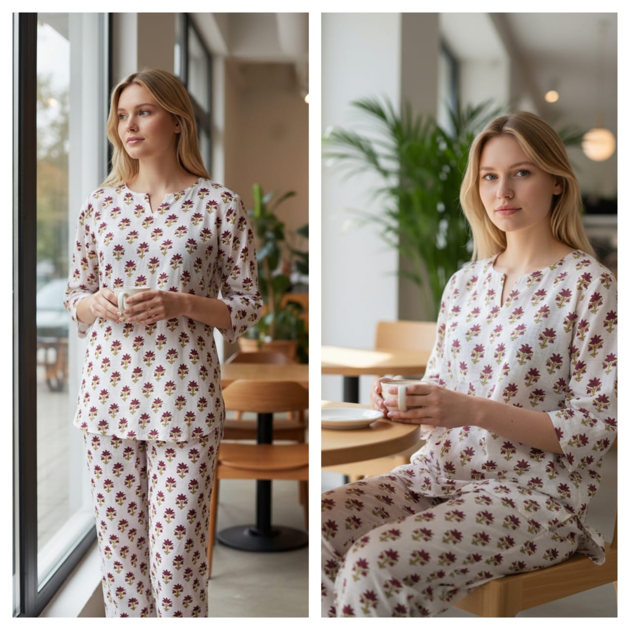 White Maroon Printed Cotton Night Suit (MVNS09)