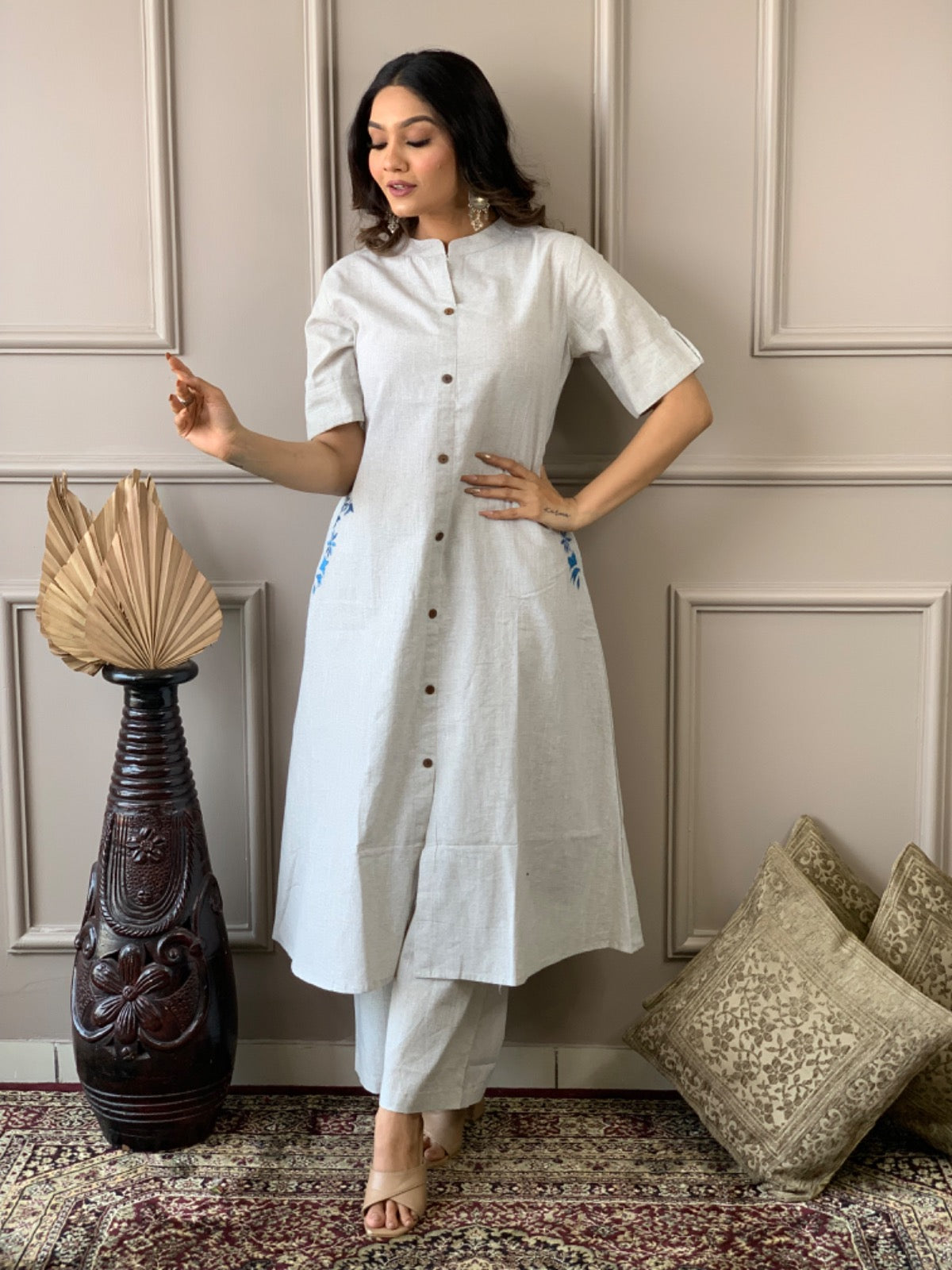 Premium White South Cotton A-Line Kurta Set with Hand Embroidery | Elegant Cotton Plazo Set