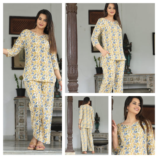 Yellow Floral Cotton Night Suit (MVNS08)
