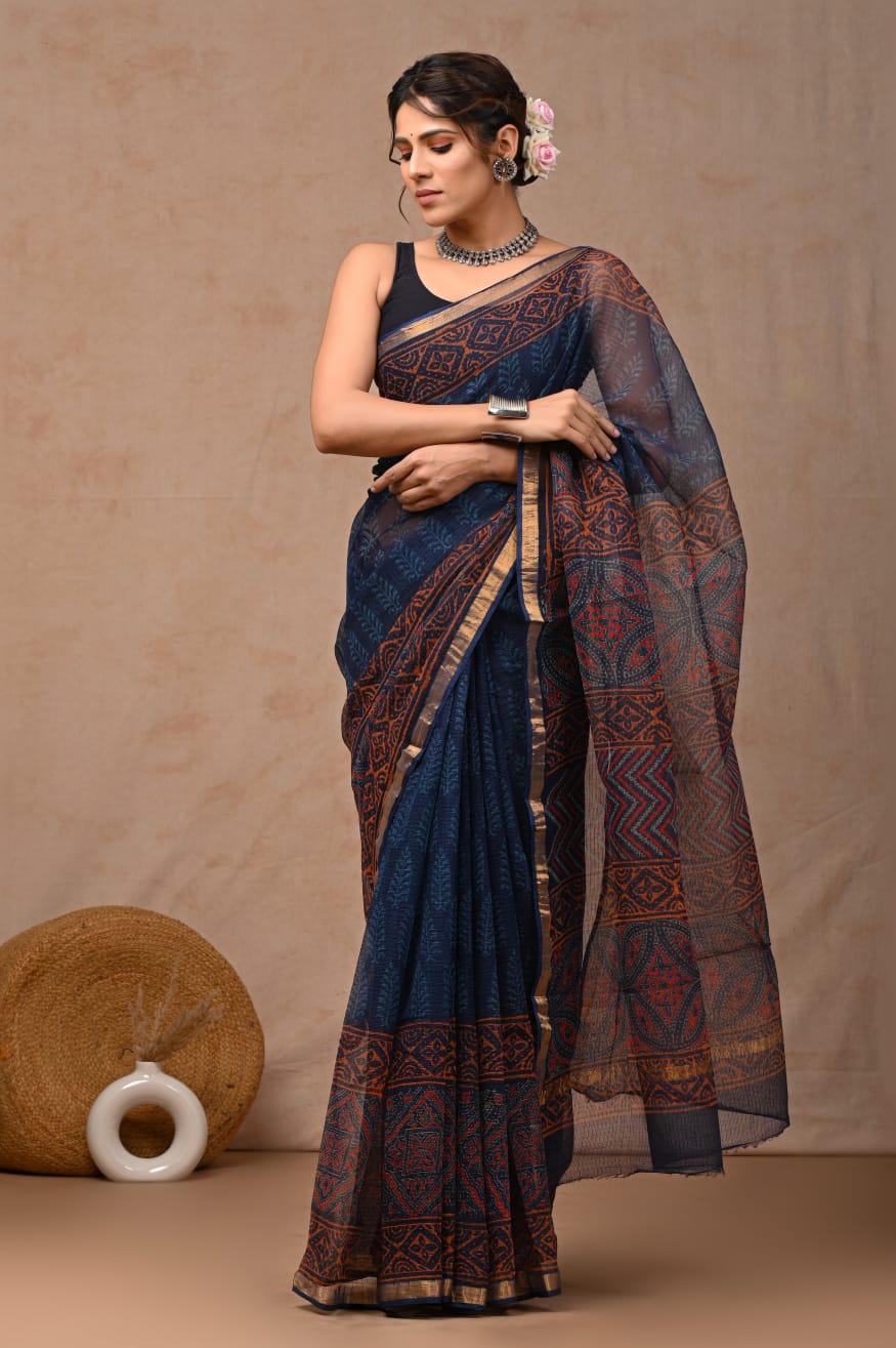 Navy Blue Rust Kota Doriya Saree | Ajrak Hand Block Print | Traditional Ethnic Saree (MVKS50)