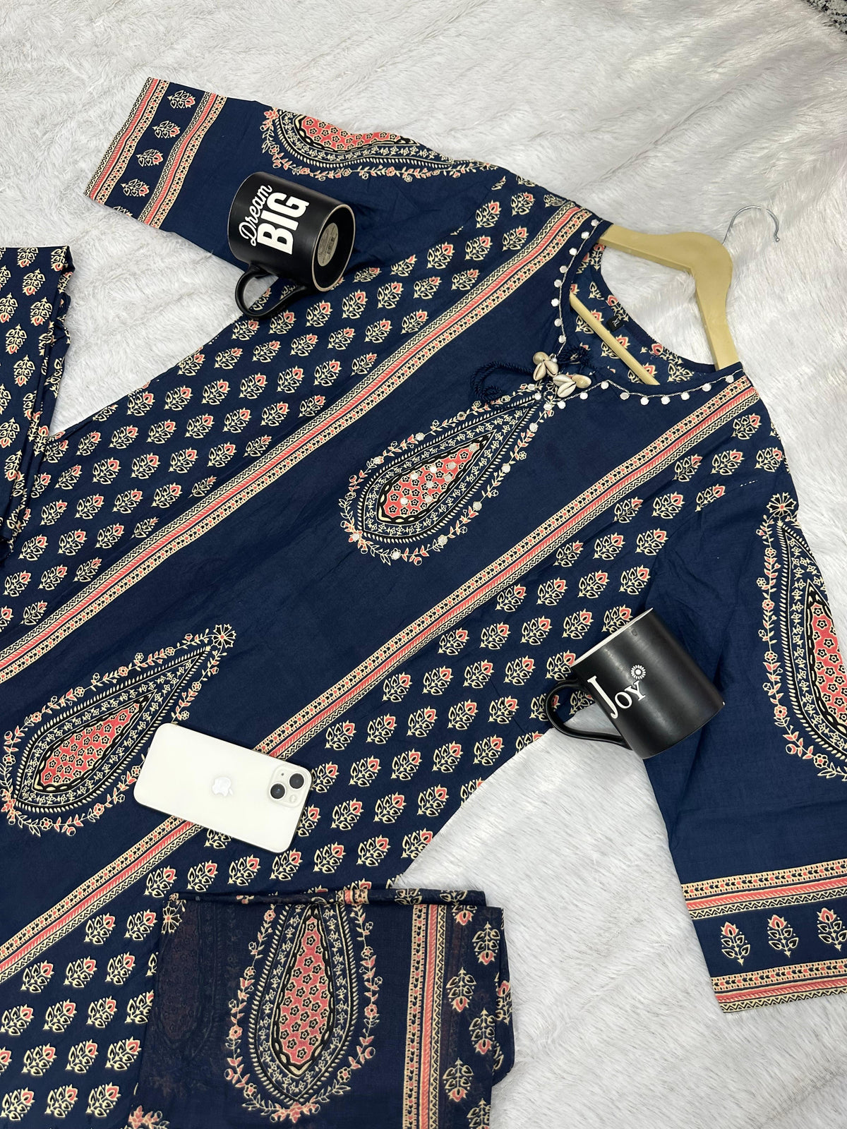 Navy Blue Cotton Printed Kurti Pant Dupatta Set