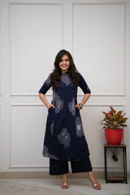 Navy Blue Floral Cotton Kurti Palazzo Set | A-Line Designer Co-ord Set for Women