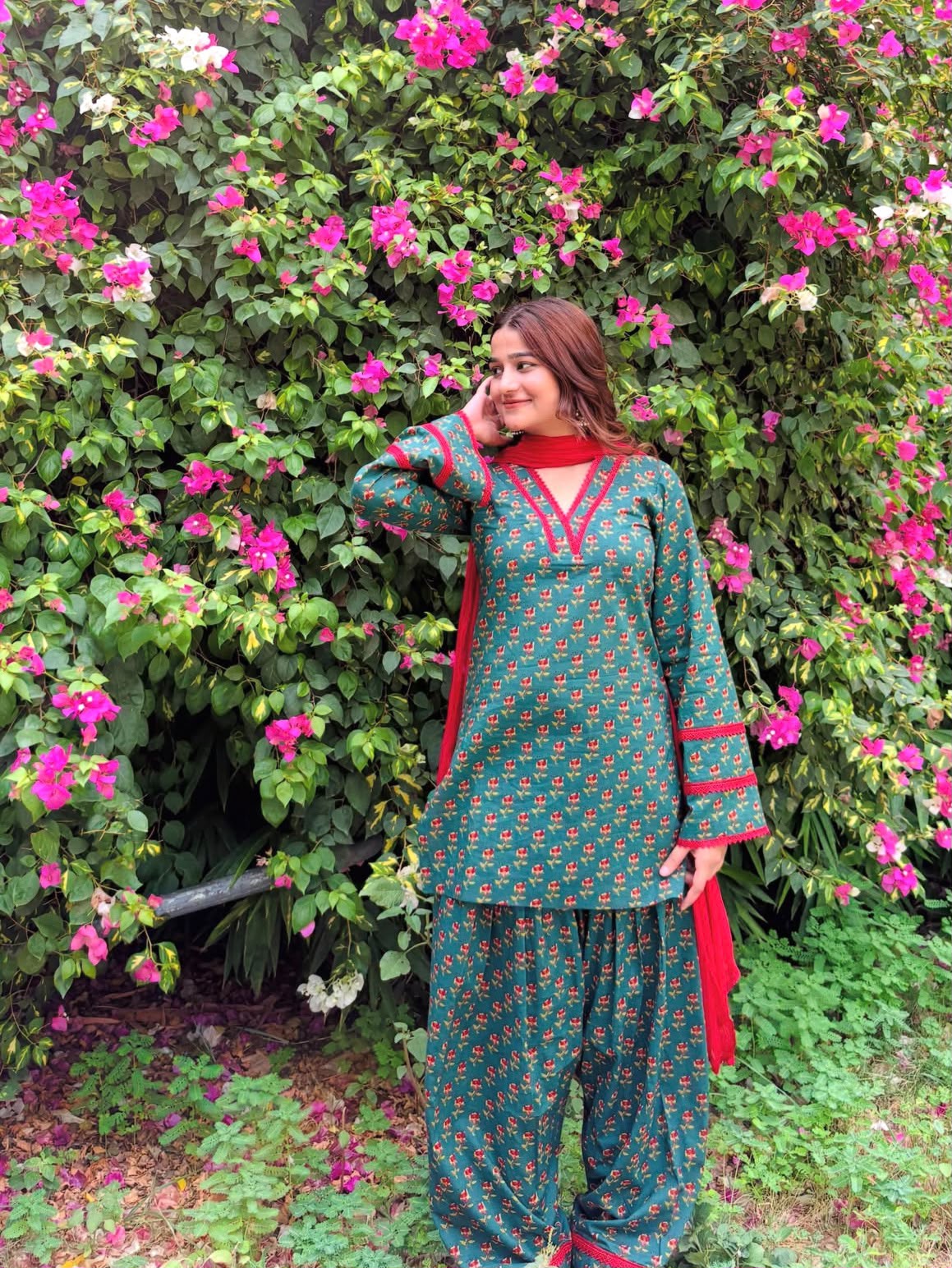 Teal Green Floral Block Print Cotton Farshi Salwar Suit Set with Red Dupatta