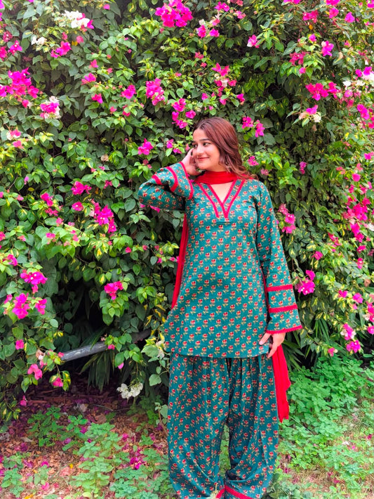 Teal Green Floral Block Print Cotton Farshi Salwar Suit Set with Red Dupatta
