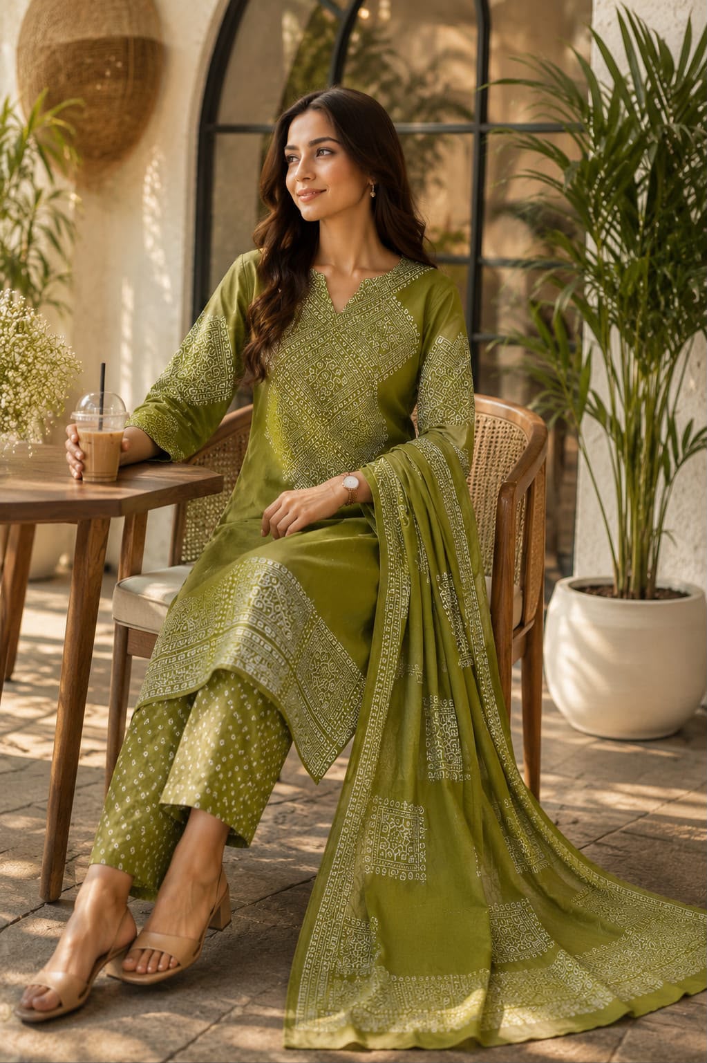 Green Bandhani Print Cotton Kurti Palazzo Dupatta Set